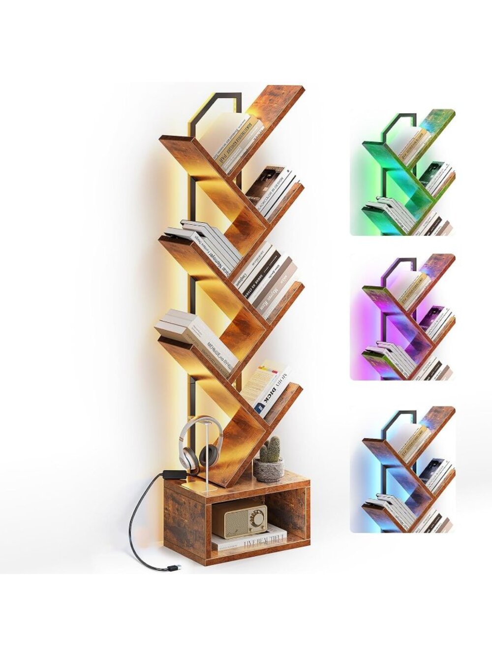 New Tree Bookshelf with LED Lights, 6-Tier Small Bookshelf, Vintage